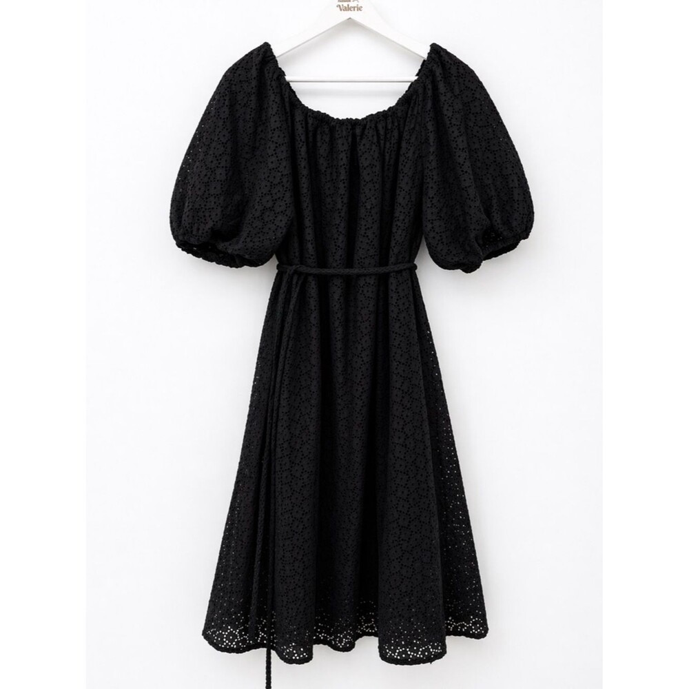 COS Off Shoulder Eyelet Midi Dress Puff Sleeve Tie Belt Minimalist US 8